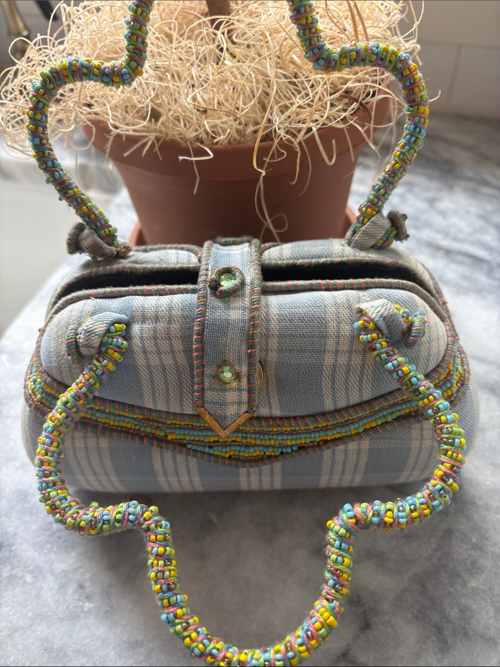Mary Frances Blue Plaid Mini Top-Handle Bag with Multicolor Beaded Trim